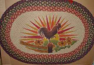 BRAIDED RUG  20 X 30 Oval 00% Jute Rug  Rooster Crowing, Chicken