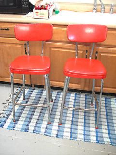 Pr Vintage 1950s Cosco Mid Century Red Kitchen Bar Stools Chairs 