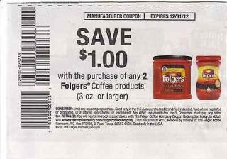 20 coupons $1/2 any FOLGERS COFFEE PRODUCTS (3 oz or larger)   EXP 12 