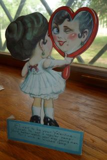 WINK A WICKED LAMP Antique Valentine GIRL LOOKS AT REFLECTION IN 