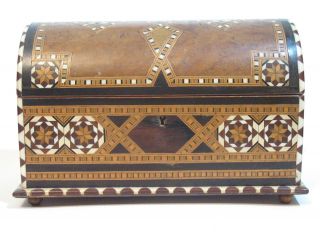 Incredible Antique Barrel Topped Burled Wood Parquetry Inlaid Wood Box