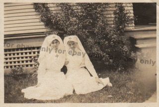 Vintage Old Photo Two RED CROSS Nurses Women Nursing Outfit Capes 
