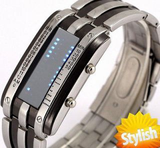 NEW Unique Men Boys Stainless Silver Black Wrist LED Wacth Binary 