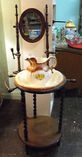   WASH BASIN STAND WITH BOWL AND PITCHER WOOD MIRROR TOWEL RACK CANDLE