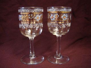 antique Gilt Enamel STEMWARE handmade Liquor Wine GLASSES pair