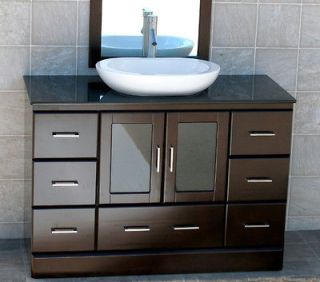   Vanity Cabinet Black Granite Top Ceramic Vessel Sink + Faucet MC16
