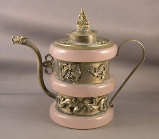 Antique Chinese Teapot Pink Quartz & Silver Plated Dragon Spout Buddha 