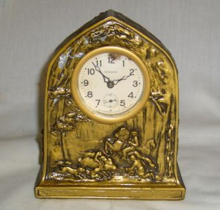 ANTIQUE ANSONIA CLOCK CO. CAST METAL EMBOSSED HUNTING SCENE TIME ONLY 