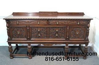 Antique Gothic Revival Oak Jacobean 72 Sideboard w/ Brass Acorn Pulls