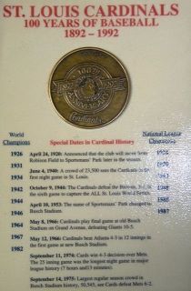 ST LOUIS CARDINALS 100 YEARS OF BASEBALL 1892 1992 ANNIVERSARY COIN