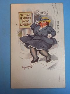 Donald McGill Postcard 1915 BBW FAT LADY   Cinema Silent Film Pictures 