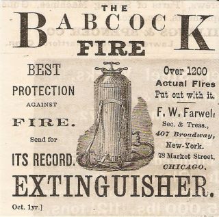 NEAT OLD 1878 BABCOCK FIRE EXTINGUISHER AD ADVERTISEMENT NEW YORK