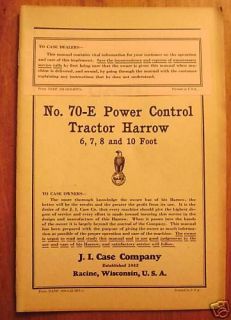 ORIGINAL 1932 Case Tractor 70 E Power Harrow Manual