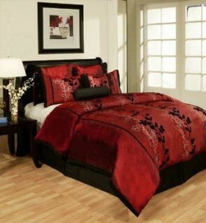   Burgundy Black Flocking Floral Comforter Set Bed in a bag King Size