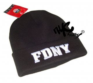 FDNY WINTER HAT BLACK WHITE EMBROIDERED LOGO BEANIE KNIT CAP OFFICIAL 