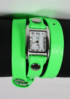 LA MER Collection Silver Neon Green Leather Simple Wrap Watch, NIB