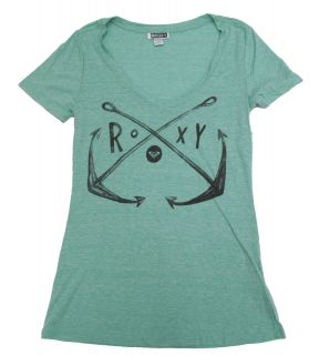 ROXY Juniors V neck Anchor Tee Shirt Heather Aqua Green NWT