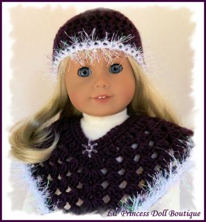 Doll Clothes Fits 18 American Girl 2 Pc Poncho Set, Crochet, Plum 