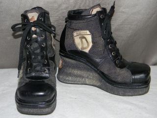 el dantes Spain Leather & Denim Platform Wedge Ankle Boots Punk Goth 