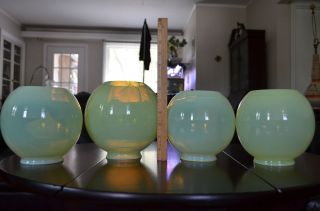 Fabulous Rare Set of Four Hand Blown Vaseline Glass Lamp Shades