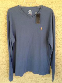   Lauren Long Sleeve T Shirt Mens M Steel Blue w/Orange Pony V Neck
