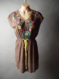   Peasant Style Embroidery Vtg y 70s Boho Cotton Rope Tie Dress S