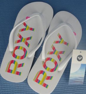 NWT Roxy Flip Flop Sandal White with Multi Color Stripes Logo Graphic 