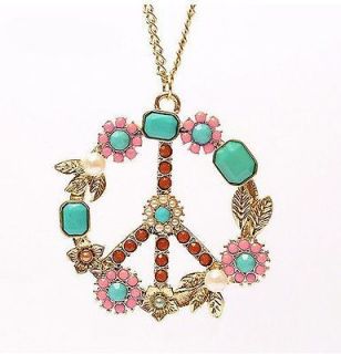 Hot Colorful Beads Flower Bronze Leaf Peace Sign Pendants Necklace New 