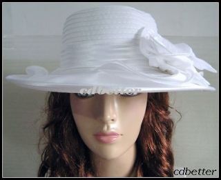   Wedding Party Garden Women Fancy White Fabric Wide Brim Hats Caps NEW