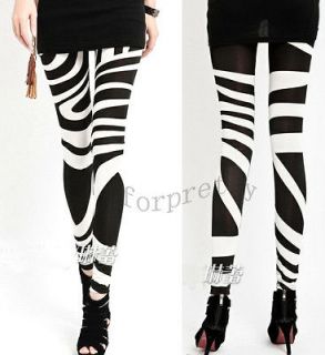 Women Black and White Zebra Leggings Tights Pants K488M