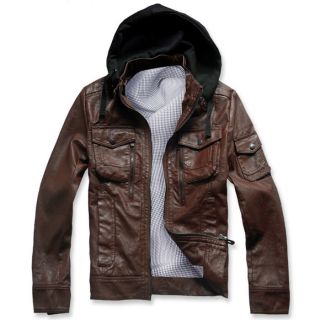   GENTLEMENS Hoody Classic Brown Zip PU Leather Slim Jacket Coat Sz All