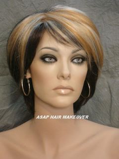 NEW Short Wig Wigs with Long Side Swept Bangs in Blonde Front Dark 