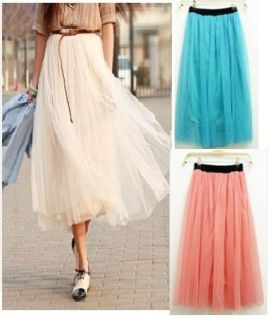   Women Ladies Elastic Pleated Tulle Waistband Mesh Long Maxi Skirt
