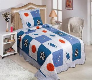 PC Sports White Blue Quilted Bedspread Twin Size New