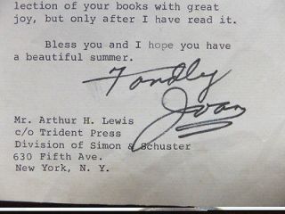   Joan Crawford Letter to author Arthur H. Lewis (1973)   Letter #1