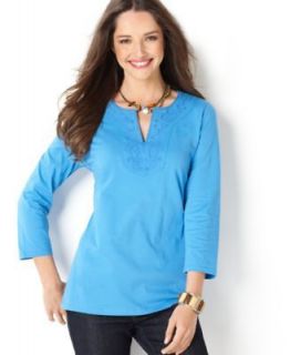 Charter Club NEW Blue 3/4 Sleeve Embroidered Knit Tunic Top Shirt L 