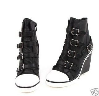 Women Wedge High Heels Sneakers Tennis Shoes Ladys Ankle Boots Black 