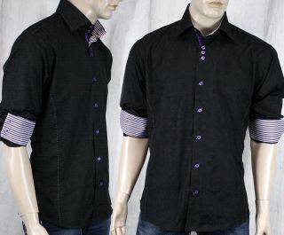 BERTIGO RAMOS/18 Mens woven Dress Shirt Black purple stripes