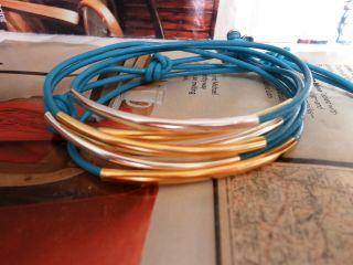 WRAP BRACELET BANGLES Blue Turquoise and GOLD/SILVER Tubes Earthy 