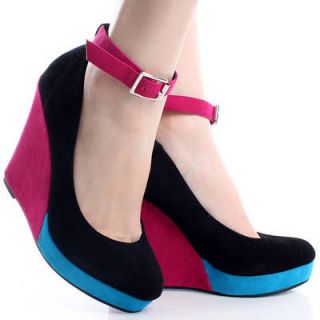 Black Suede Color Block Ankle Strap Womens Platform Heel Wedge Shoes 