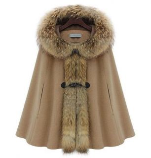   Mink Fur Collar Cape Hooded Poncho Cloak Outwear Jacket Coat S L
