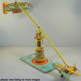 Vintage 40s Unique Art Mfg. Airport Sky Ranger Wind Up Tin Toy 
