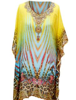 New Womens Aqua & Yellow Zebra Print Kaftan Tunic Top Size 8,10,12,14 