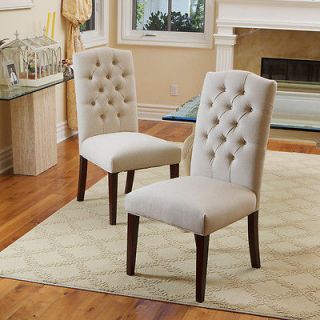 Set of 2 Elegant Linen Upholstered Parsons Dining Chairs with Tufted 