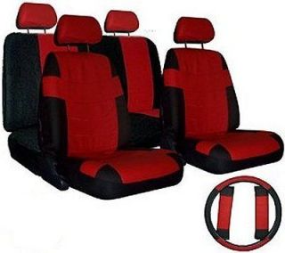 CAR SEAT COVERS Red Black set w/ Steering Wheel Cover & Belt Shoulder 