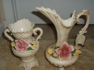 CAPODIMONTE PORCELAIN FOOTED PITCHER ROSES 12 & MATCHING 9.5 VASE