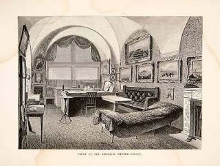 1881 Wood Engraving Study Russian Emperor Winter Palace Desk Cot 