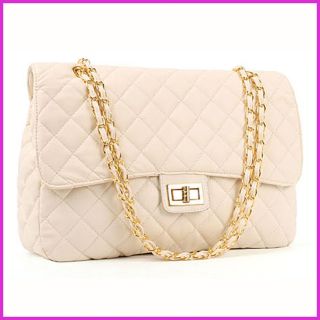 Women Gold Chain Shoulder Quilted Ivory Bag Purse(#GE15)