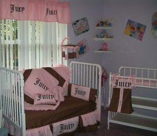 New Crib Bedding Set m/w JUICY pink brown fabrics, valance & mobile 