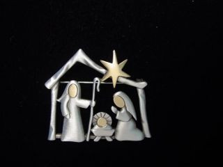 JJ Silver & Gold Pewter Nativity Scene X mas Pin